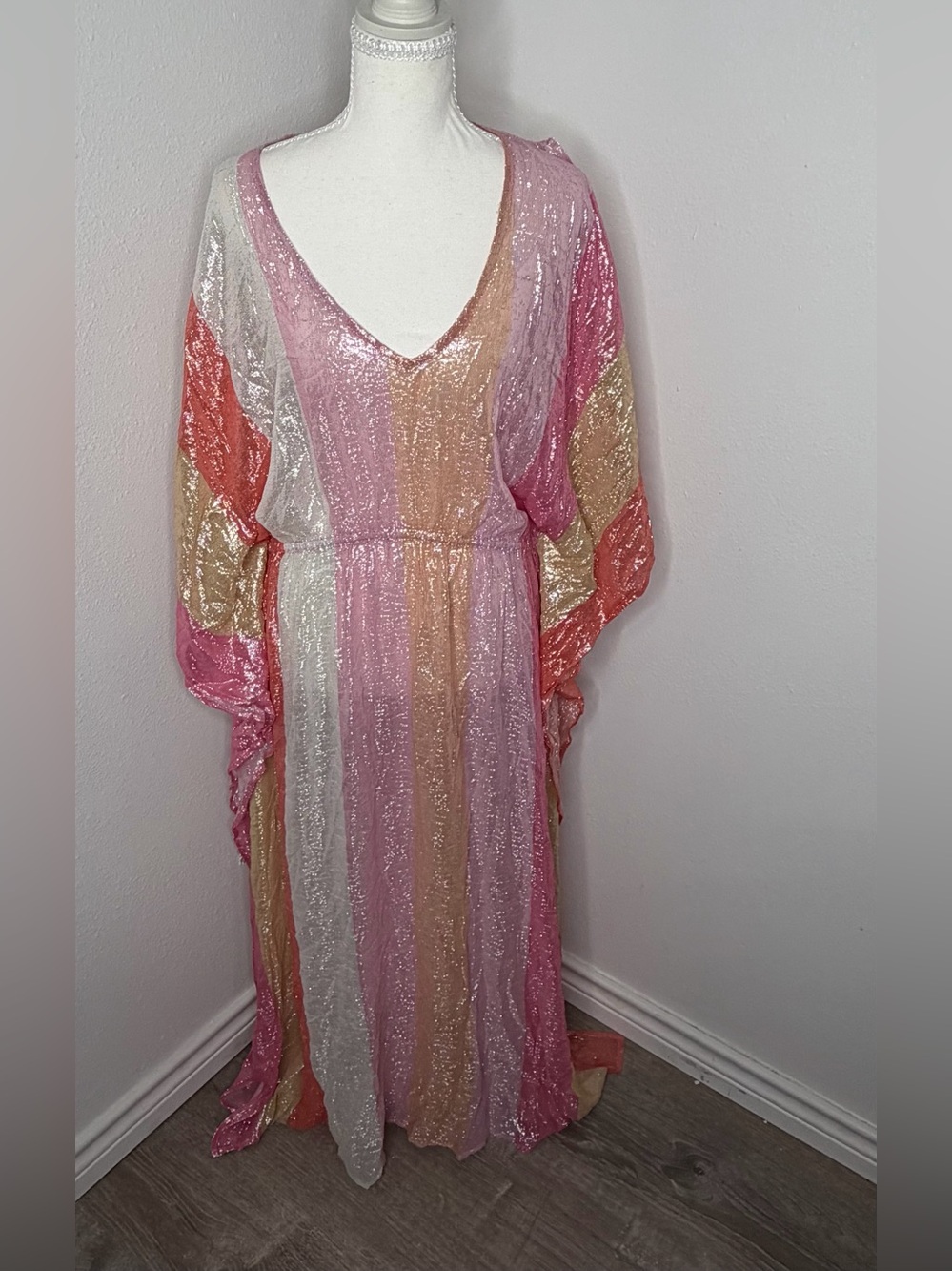 Boston Proper Sheer Shimmer Striped Caftan Dress Coverup Size Large
